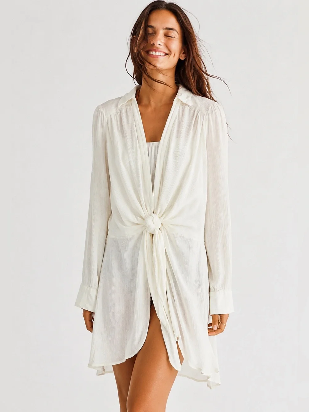 Free People Worlds Apart Cream Tie-Front Long Sleeve Tunic Cover Up, Duster, XL